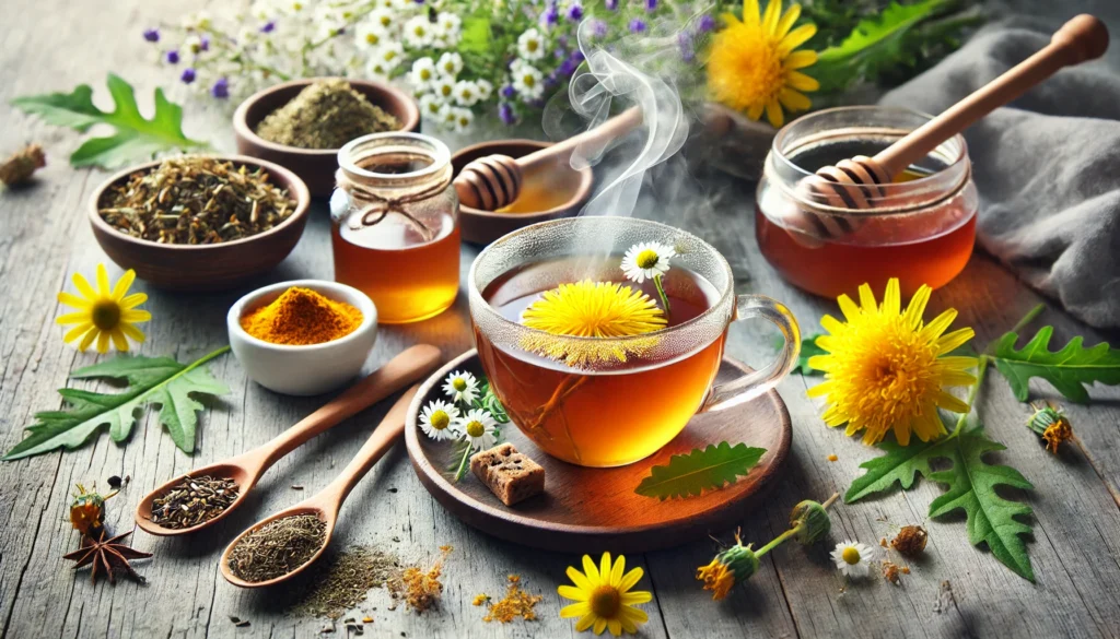Top 10 Supplements for Liver Health: Expert-Recommended Picks for Detox & Wellness 3 A peaceful wellness scene featuring a steaming glass cup of herbal tea infused with liver-supporting ingredients like dandelion, chamomile, and turmeric, surrounded by fresh herbs, honey, and a wooden spoon with herbal powder, symbolizing natural detoxification and relaxation