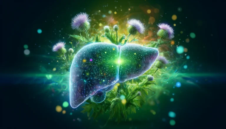 A futuristic holographic liver surrounded by milk thistle plants, emitting a healing glow with toxins dissipating