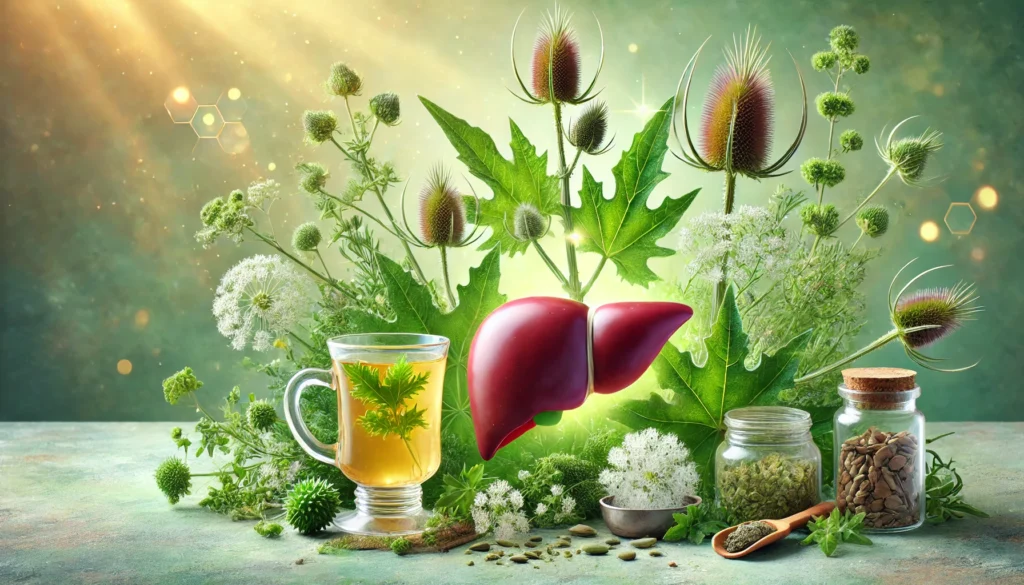 How Long Should You Take Milk Thistle to Detox Your Liver? Expert Insights & Safety Tips 3 A wellness scene featuring a healthy liver, fresh milk thistle plants, herbal remedies, and a glass of detoxifying herbal tea