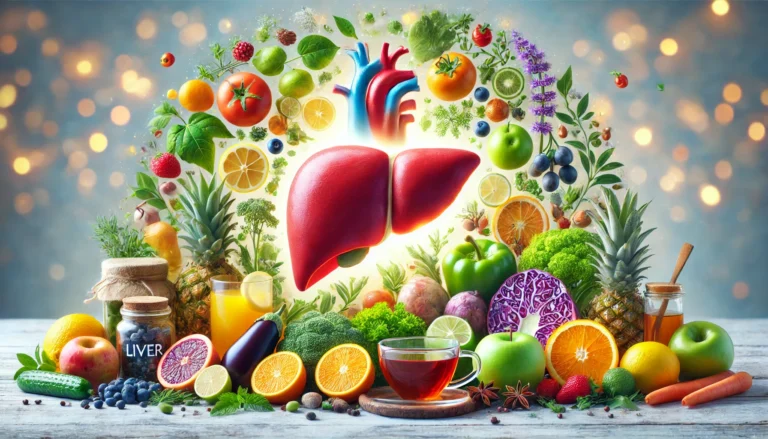 A healthy, glowing liver surrounded by fresh fruits, vegetables, and herbal teas, representing natural detoxification and inflammation reduction. The background evokes a sense of wellness and vitality