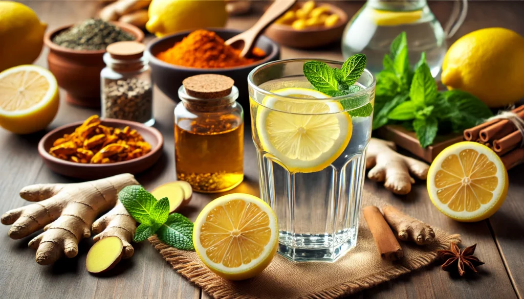 How to Reduce Liver Inflammation Quickly: Expert-Backed Strategies for a Healthier Liver 2 A refreshing glass of lemon water and herbal tea on a wooden table, surrounded by ginger, turmeric, and mint, representing hydration and anti-inflammatory drinks for liver health