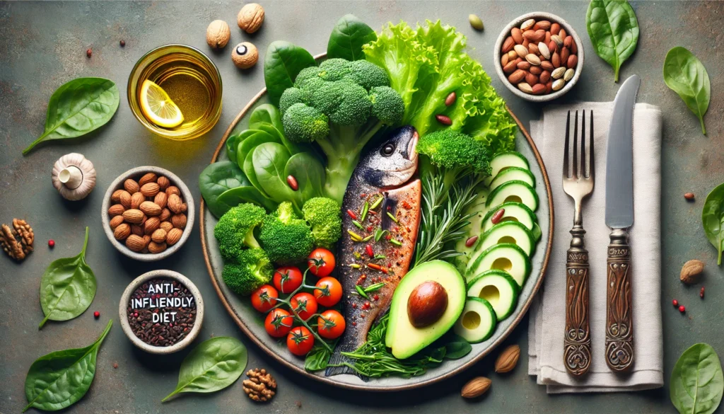 How to Reduce Liver Inflammation Quickly: Expert-Backed Strategies for a Healthier Liver 3 A vibrant plate of leafy greens, avocado, nuts, and fatty fish, representing a nutritious liver-friendly diet rich in anti-inflammatory and detoxifying foods