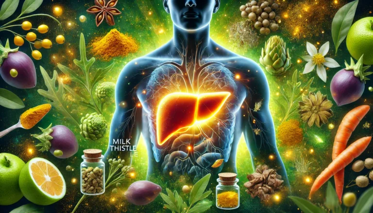 A glowing, healthy liver inside a human silhouette surrounded by natural liver-supporting ingredients like milk thistle, turmeric, and artichoke. The background features green and gold hues, symbolizing detoxification and vitality