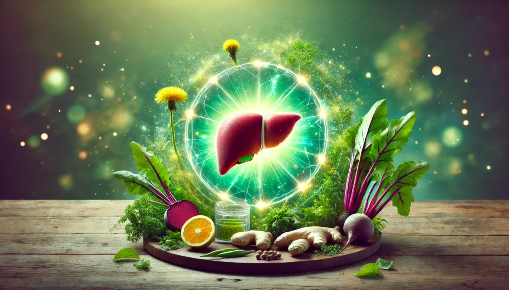 A vibrant, healthy liver surrounded by natural healing herbs like dandelion root, ginger, and beetroot. The background features a glowing green energy field, symbolizing cleansing, detoxification, and liver rejuvenation