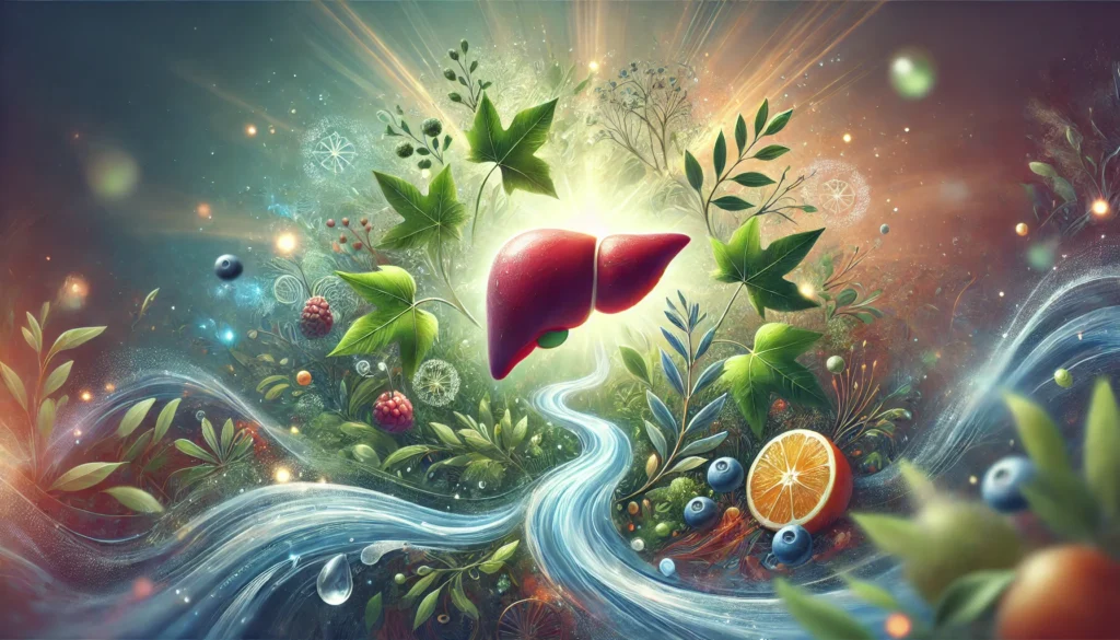 A revitalized, glowing liver surrounded by natural elements like flowing water, green leaves, and antioxidant-rich foods such as berries and lemons. The soft, ethereal light in the background represents purification, detoxification, and overall liver wellness