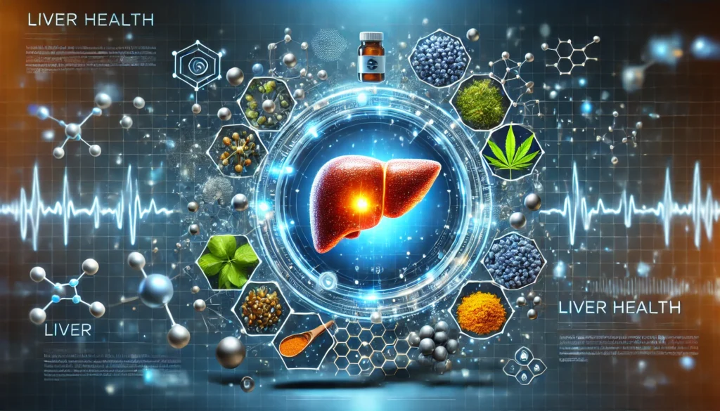A high-tech, glowing liver displayed within a futuristic holographic interface, surrounded by molecular structures and botanical extracts like milk thistle and turmeric. The sleek, blue-toned background signifies scientific research, liver detox, and medical advancements in liver health