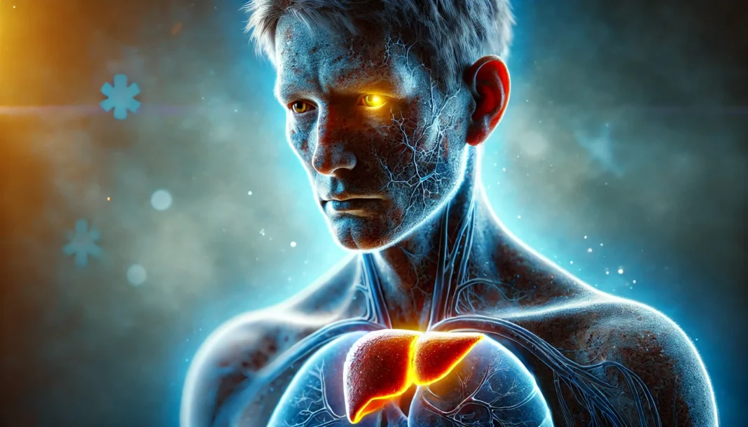 A conceptual medical illustration of a human figure with a glowing, severely damaged liver, showing signs of cirrhosis. The figure appears fatigued and frail, with darkened eyes and yellowish skin, representing jaundice. The background consists of medical blue tones, creating a serious and informative atmosphere