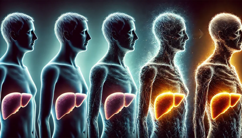 Understanding the End Stages of Liver Failure: Symptoms, Timeline, and When to Seek Medical Care 1 A dramatic visual representation of the progression of liver failure, showing three human silhouettes. The first appears healthy, the second shows early signs of jaundice and fatigue, while the third is visibly frail with sunken features and severe discoloration. A fading glow around the liver highlights the worsening condition