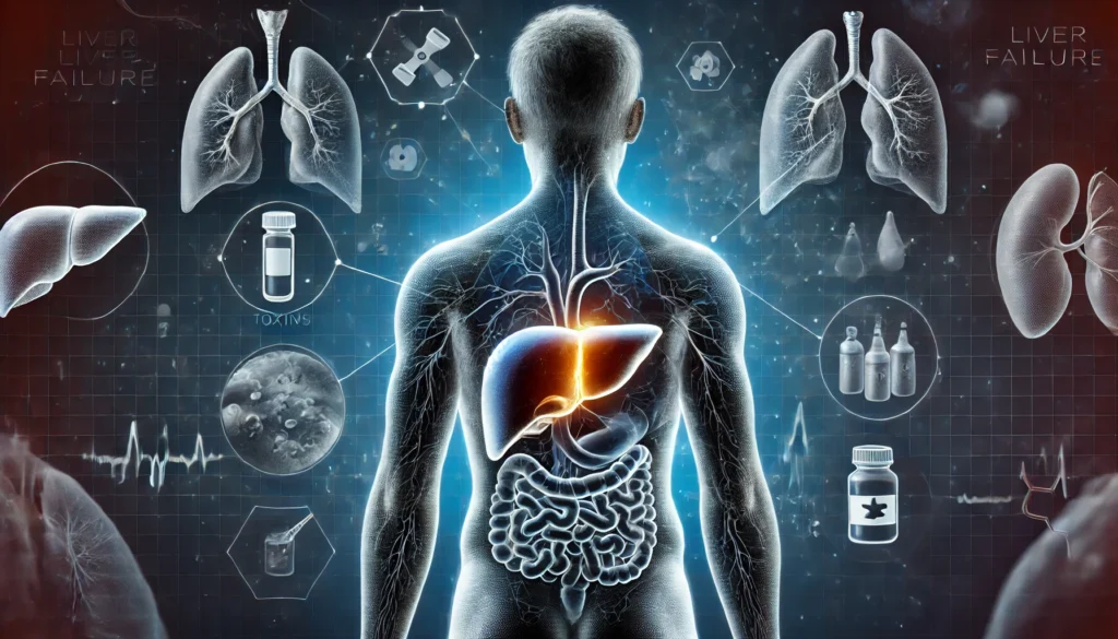 Understanding the End Stages of Liver Failure: Symptoms, Timeline, and When to Seek Medical Care 2 A conceptual illustration symbolizing liver failure, featuring a human figure with a translucent body revealing a darkened, deteriorating liver. Surrounding the liver are abstract visual elements representing toxins and fluid buildup. The background consists of dark and medical blue tones, emphasizing the severity of the condition