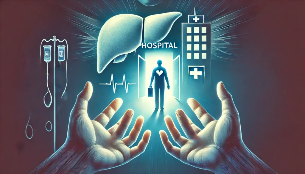 Understanding the End Stages of Liver Failure: Symptoms, Timeline, and When to Seek Medical Care 3 A symbolic illustration emphasizing the urgency of seeking medical care for liver failure. A pair of hands reaches toward a glowing hospital entrance, while a fading human figure in the background represents the critical nature of late-stage liver disease. The image conveys urgency, hope, and the importance of timely medical intervention, using a deep blue and medical white color palette