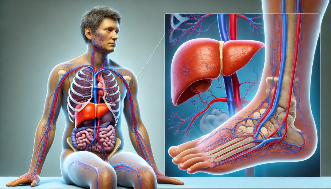 Medical illustration of hepatic edema showing a human figure with swollen feet and face due to liver disease. The image highlights the liver and circulatory system, depicting fluid retention areas