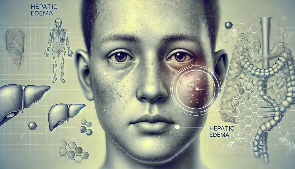 Understanding Hepatic Edema: How Liver Disease Can Cause Swelling in the Feet and Face 1 Close-up medical illustration of facial swelling caused by hepatic edema. The image shows puffiness around the eyes, cheeks, and jawline due to liver disease