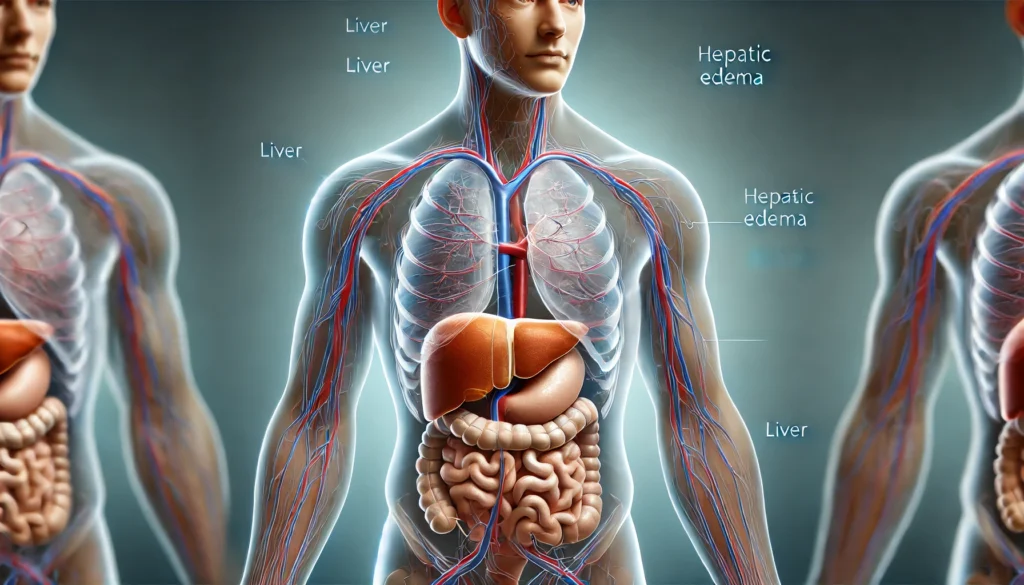Understanding Hepatic Edema: How Liver Disease Can Cause Swelling in the Feet and Face 2 Educational medical illustration of the liver’s role in hepatic edema. The semi-transparent human torso highlights the liver, circulatory system, and fluid buildup in the lower extremities and face
