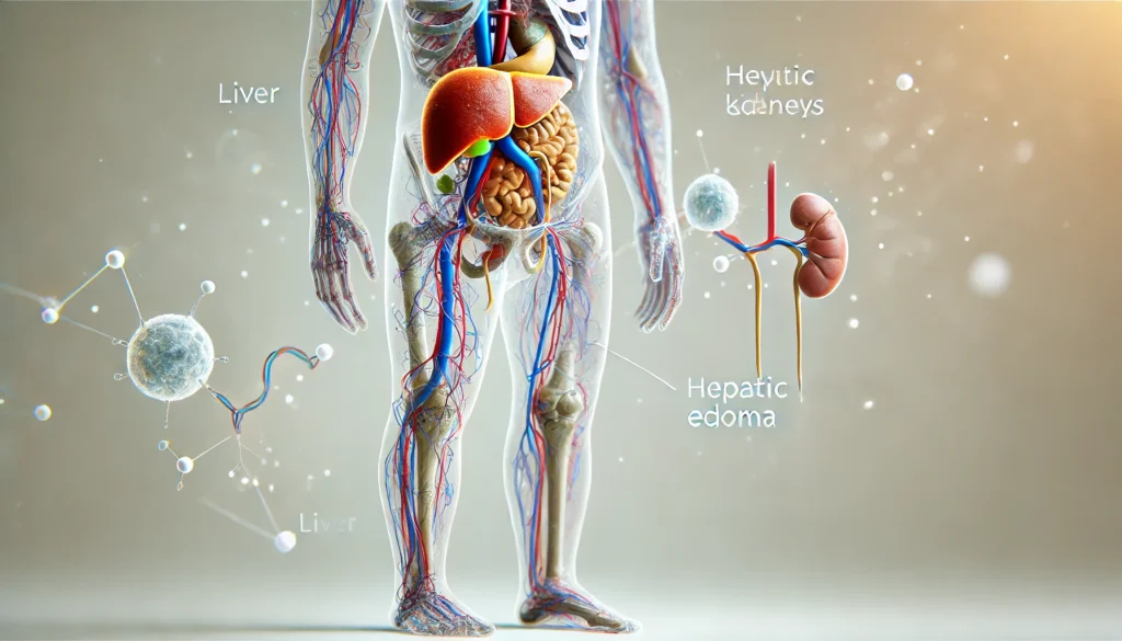 Understanding Hepatic Edema: How Liver Disease Can Cause Swelling in the Feet and Face 3 3D-rendered medical visualization of hepatic edema, showing fluid retention in the legs and face. The liver, kidneys, and circulatory system are highlighted to illustrate how liver disease affects fluid balance