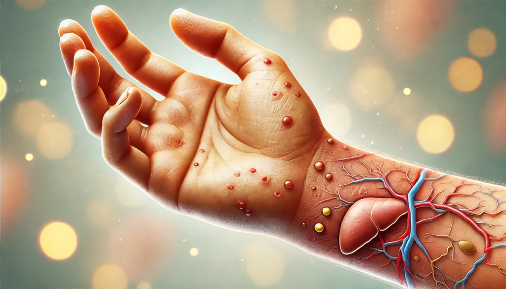 Early Warning Signs of Liver Disease: How Skin Rashes, Red Spots, and Itchiness Reveal Liver Health 1 A medical illustration depicting early warning signs of liver disease on human skin, featuring a close-up of an arm and hand with visible skin rashes, small red spots (petechiae), and mild yellowish discoloration, indicating potential jaundice. The background is softly blurred to highlight the skin conditions