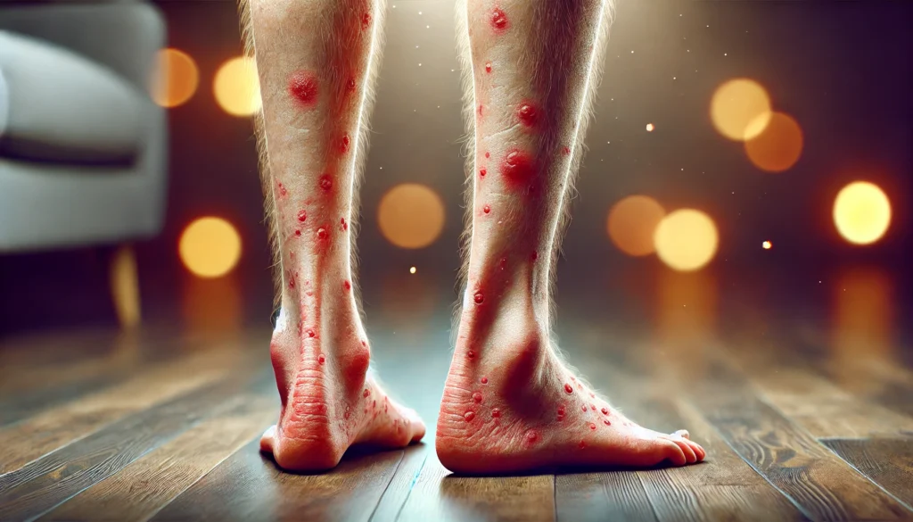 Early Warning Signs of Liver Disease: How Skin Rashes, Red Spots, and Itchiness Reveal Liver Health 2 A medical visualization of a person's legs and feet showing early symptoms of liver disease, including dry, itchy skin, red patches, scattered petechiae, and mild yellowish discoloration. The background is blurred to focus on the affected skin