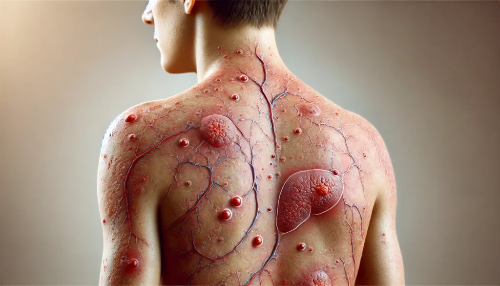 Early Warning Signs of Liver Disease: How Skin Rashes, Red Spots, and Itchiness Reveal Liver Health 3 A close-up medical illustration of a person's back and shoulders displaying early liver disease symptoms, including widespread itching, red rashes, small broken blood vessels (spider angiomas), and mild yellowish discoloration. The background is neutral and softly blurred for emphasis