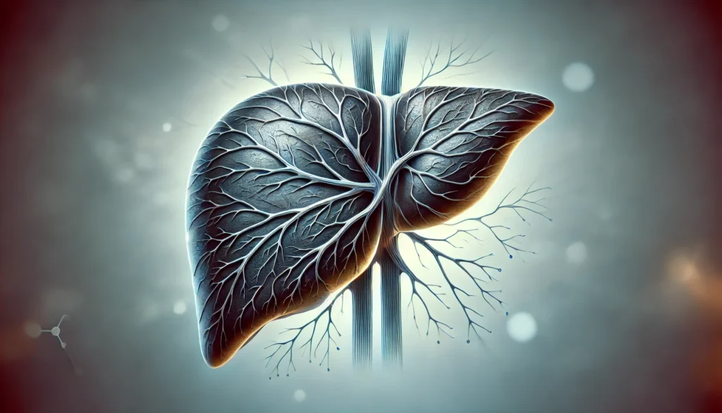 Unexplained Bruising? What It Could Mean for Your Liver Health 2 Artistic medical illustration of a human liver with darkened veins and subtle bruising effects, symbolizing potential liver-related health concerns. The soft medical gradient background enhances the serious and informative tone