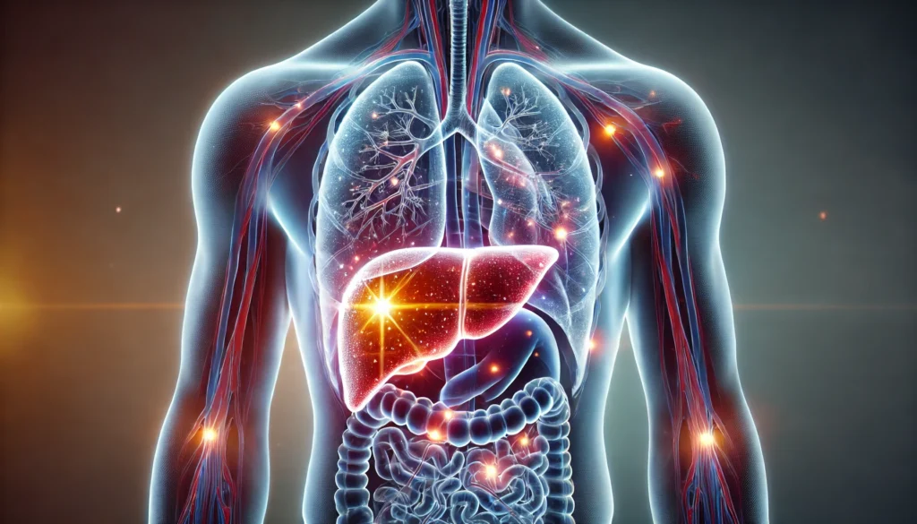 Unexplained Bruising? What It Could Mean for Your Liver Health 3 A medical concept image showing a transparent human torso with an illuminated liver, highlighting signs of stress, discoloration, and subtle bruising effects. The image visually conveys the connection between liver health and unexplained bruising