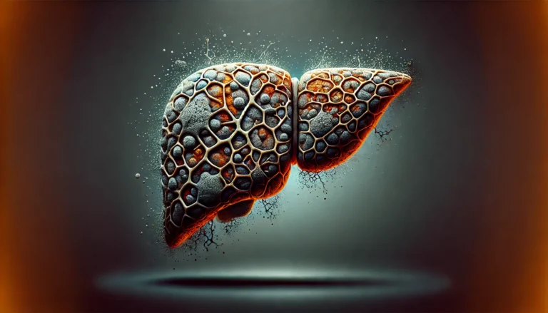 A symbolic image of a human liver morphing into a bruised and damaged texture, visually representing the effects of liver disease. The dark gradient background enhances the impact of health deterioration