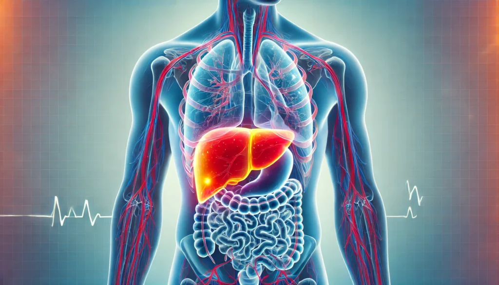 A detailed medical illustration of the human liver, with inflamed areas highlighted in red and yellow, indicating discomfort or pain. The liver is set against a semi-transparent human body outline, with a soft medical blue background for a clinical and informative visual representation
