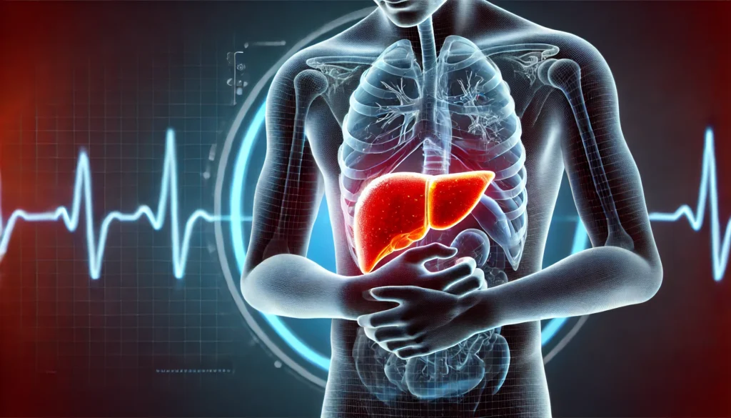 Understanding Liver Discomfort: Causes, Symptoms, and When to Seek Medical Advice 2 A conceptual 3D-rendered image of a person clutching their right side in pain, with a glowing red semi-transparent overlay of the liver indicating discomfort. The scene is set in a dark clinical environment, with a medical-style blue glow surrounding the liver, emphasizing the theme of liver distress