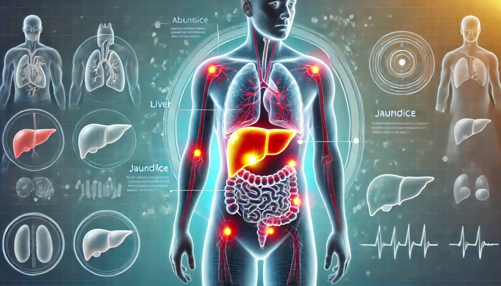Understanding Liver Discomfort: Causes, Symptoms, and When to Seek Medical Advice 3 A medical infographic-style image showing a semi-transparent human figure with glowing red markers on the abdomen, eyes (jaundice), and skin, representing common symptoms of liver discomfort. The liver is prominently displayed with a gradient of red and yellow to signify distress, set against a soft medical blue background for a clinical appearance