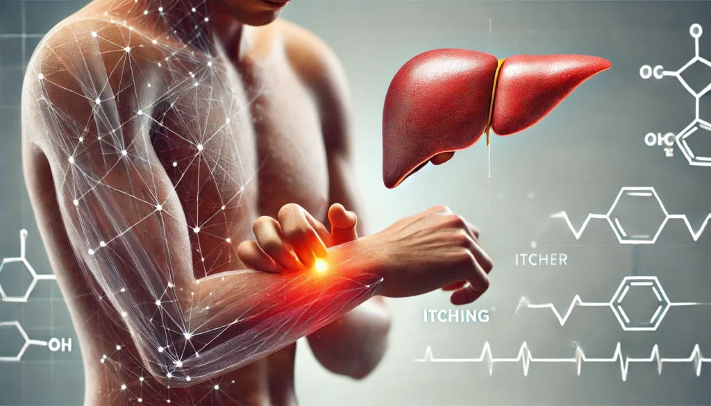 A realistic medical illustration of a person scratching their arm intensely due to irritated red skin, with a semi-transparent liver overlay in the background, symbolizing a link between itchy skin and liver disease