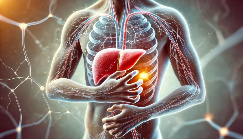 A conceptual medical illustration of a human torso with a glowing red liver, while the person scratches their body, visually representing the connection between liver disease and itchy skin