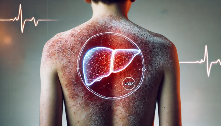 A close-up of a person's back with severe redness and irritation from intense itching, overlaid with a semi-transparent liver illustration, indicating liver health concerns