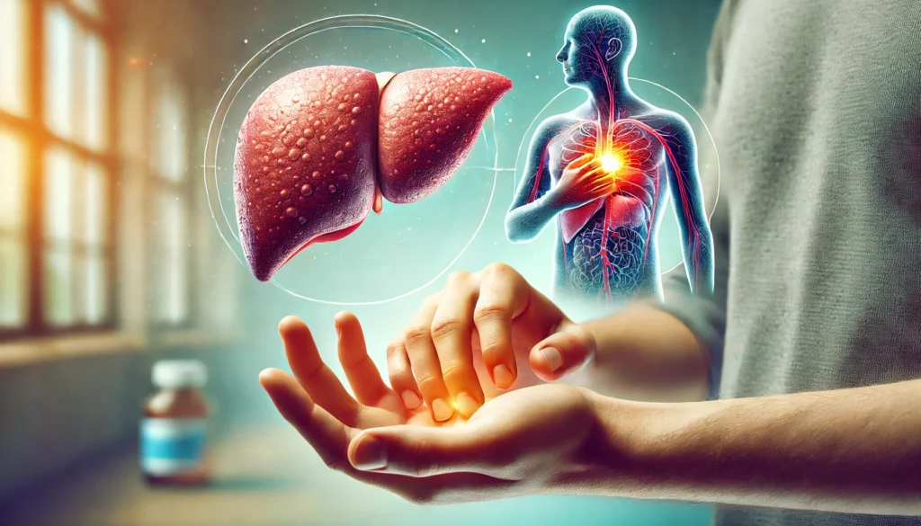 A medical concept illustration displaying a split view of a healthy and an unhealthy liver. One side features a smooth, normal liver, while the other side shows an inflamed, diseased liver with a rough texture. In the foreground, a human hand is scratching irritated skin, visually representing the connection between liver disease and persistent itching. The background is softly blurred for emphasis