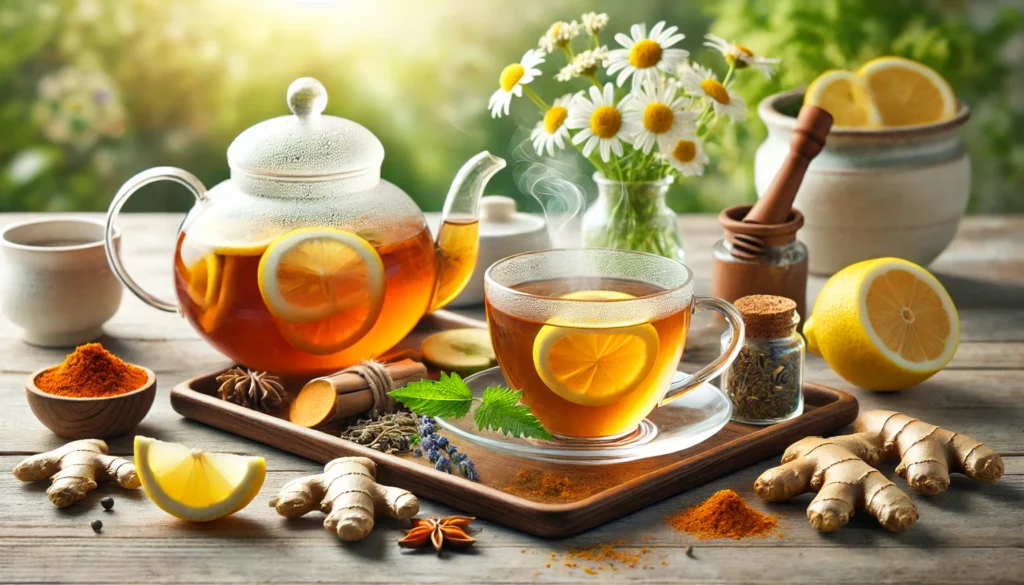 Best Liver Cleanse Tea Recipe: Natural Ingredients to Support Detox and Wellness 1 A glass teapot and a steaming cup of herbal detox tea on a wooden tray, surrounded by natural liver-cleansing ingredients such as chamomile flowers, turmeric roots, sliced lemons, and ginger. The background features soft greenery and diffused sunlight, creating a fresh and rejuvenating ambiance