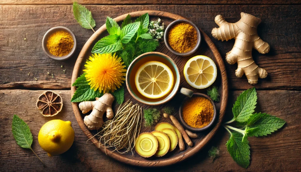 Best Liver Cleanse Tea Recipe: Natural Ingredients to Support Detox and Wellness 2 A top-down view of a golden herbal liver cleanse tea in a cup, surrounded by fresh mint leaves, dried dandelion root, ginger slices, turmeric powder, and lemon wedges on a rustic wooden table. The warm lighting and earthy setting create a soothing and natural detox ambiance