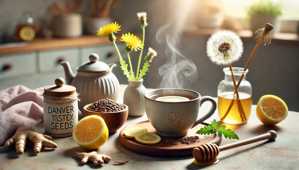Best Liver Cleanse Tea Recipe: Natural Ingredients to Support Detox and Wellness 3 A cozy kitchen setting with a steaming cup of liver detox tea infused with fresh lemon, ginger, and turmeric. A wooden bowl containing dandelion root and milk thistle seeds sits nearby, along with a honey dipper. Soft morning light filters through a window, creating a warm and tranquil atmosphere