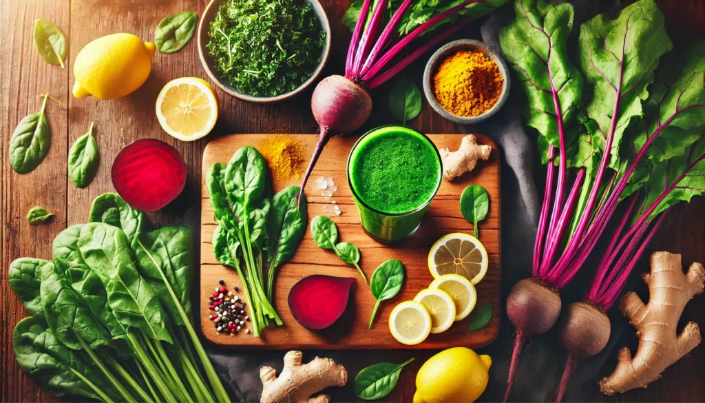 Top-down view of a wooden kitchen countertop with fresh ingredients for a liver detox smoothie, including kale, spinach, beets, lemon wedges, ginger, turmeric, and a glass of green smoothie, illuminated by natural light