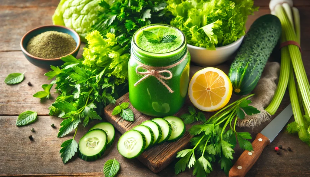 Rustic still life of a green liver detox smoothie in a mason jar, surrounded by fresh detoxifying ingredients such as celery, parsley, cucumbers, lemon slices, and mint leaves on a wooden background