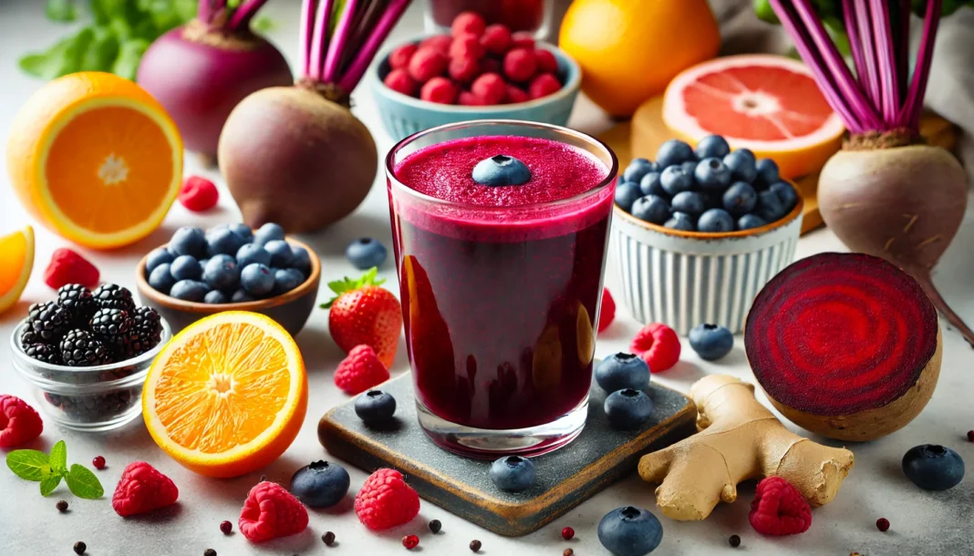 A glass of deep red liver detox smoothie made from beets, berries, and citrus fruits, surrounded by fresh ingredients including sliced beets, blueberries, raspberries, oranges, and ginger root on a modern kitchen countertop