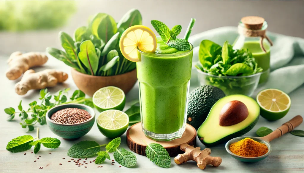 A refreshing green smoothie in a tall glass garnished with a lemon slice and mint leaves, surrounded by detoxifying ingredients like avocado, dandelion greens, turmeric root, lime wedges, and a bowl of flaxseeds on a light wooden table
