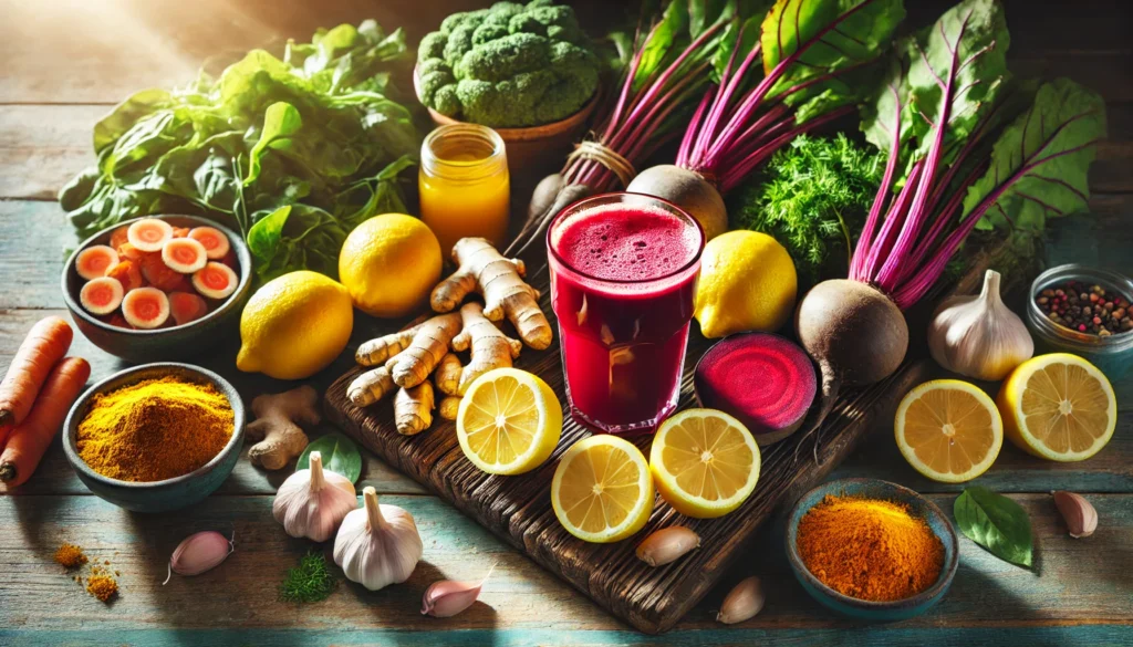 Best Natural Liver Cleanse Recipes: How to Support Detoxification & Boost Wellness 1 A vibrant spread of natural liver detox ingredients, including fresh lemons, turmeric root, ginger, garlic, beets, leafy greens, and a glass of detox juice, beautifully arranged on a rustic wooden table with natural sunlight