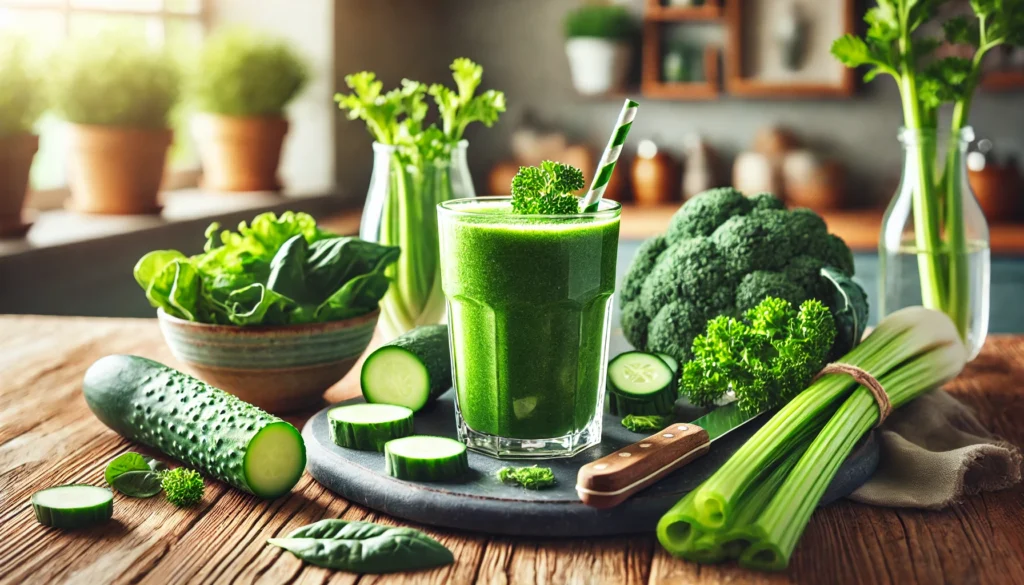 Best Natural Liver Cleanse Recipes: How to Support Detoxification & Boost Wellness 2 A refreshing green detox smoothie in a glass, surrounded by fresh kale, spinach, cucumber, and celery on a wooden kitchen countertop with soft natural lighting