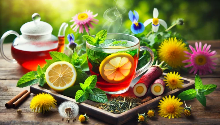 A colorful liver-cleansing herbal tea in a steaming glass cup, surrounded by fresh mint, dandelion root, chamomile flowers, and a slice of lemon on a wooden tray with a softly blurred natural background