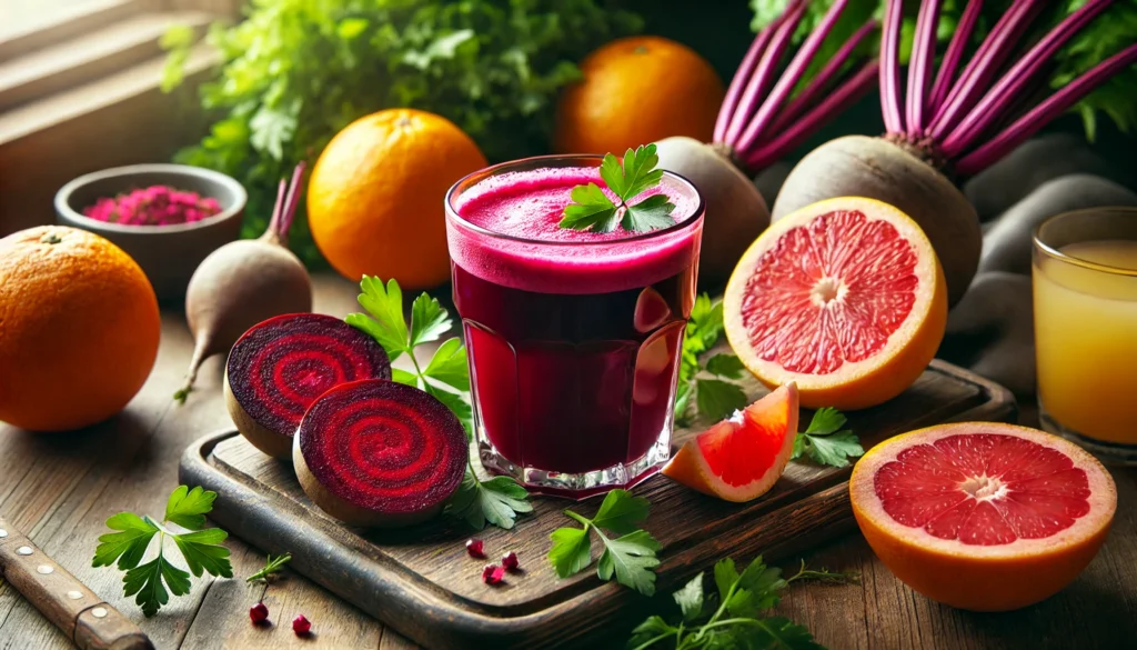 Best Natural Liver Cleanse Recipes: How to Support Detoxification & Boost Wellness 3 A detoxifying beetroot and citrus juice in a glass, placed on a wooden table, surrounded by sliced beets, oranges, grapefruits, and sprigs of fresh parsley, with soft natural lighting