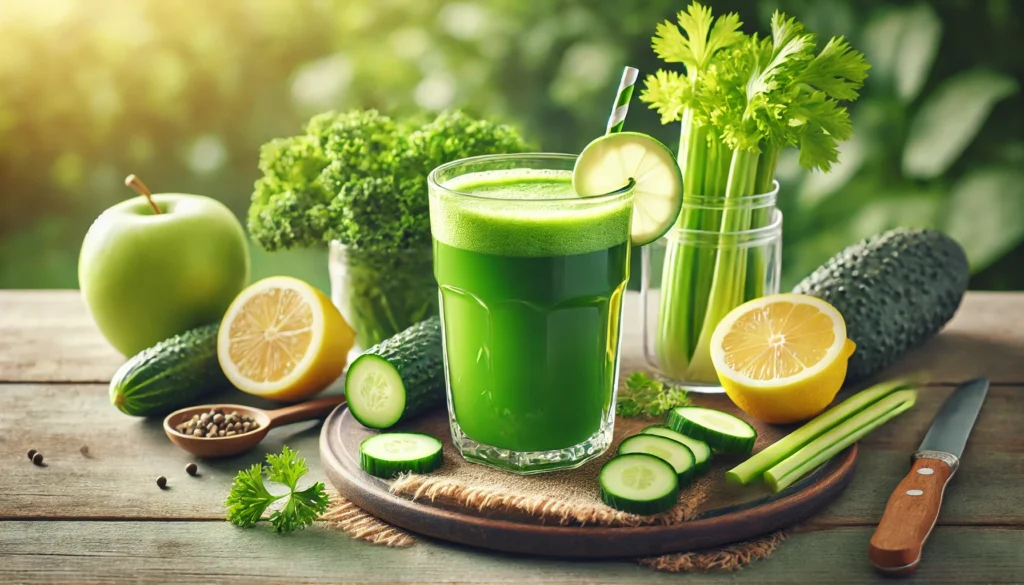 The Best Juice for Liver Cleanse: Top Detox Recipes for a Healthier You 1 A refreshing green detox juice in a clear glass, surrounded by fresh ingredients like celery, kale, lemon, and cucumber. The natural background enhances the feeling of freshness and health benefits, emphasizing its liver-cleansing properties