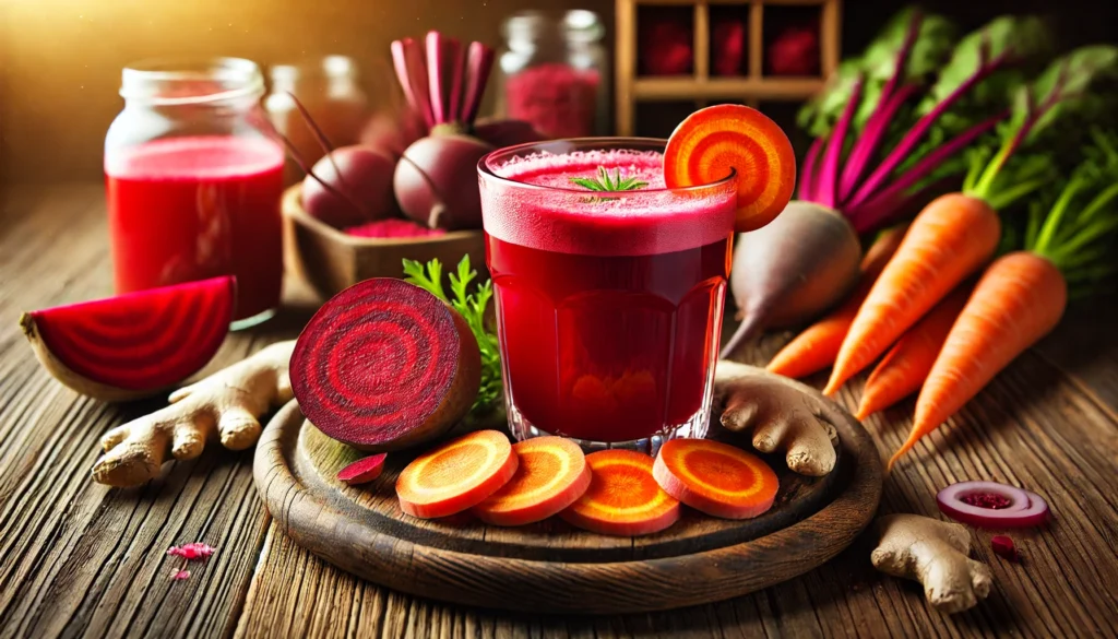 The Best Juice for Liver Cleanse: Top Detox Recipes for a Healthier You 2 A vibrant red detox juice in a clear glass, surrounded by fresh beets, carrots, and ginger on a rustic wooden surface. Soft natural lighting enhances the earthy, nourishing feel, highlighting its liver-cleansing benefits