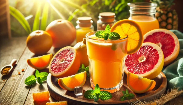 A refreshing orange detox juice in a clear glass, surrounded by fresh oranges, grapefruits, and a hint of mint. The sunlit, natural background enhances the feeling of vitality, cleansing, and liver health benefits