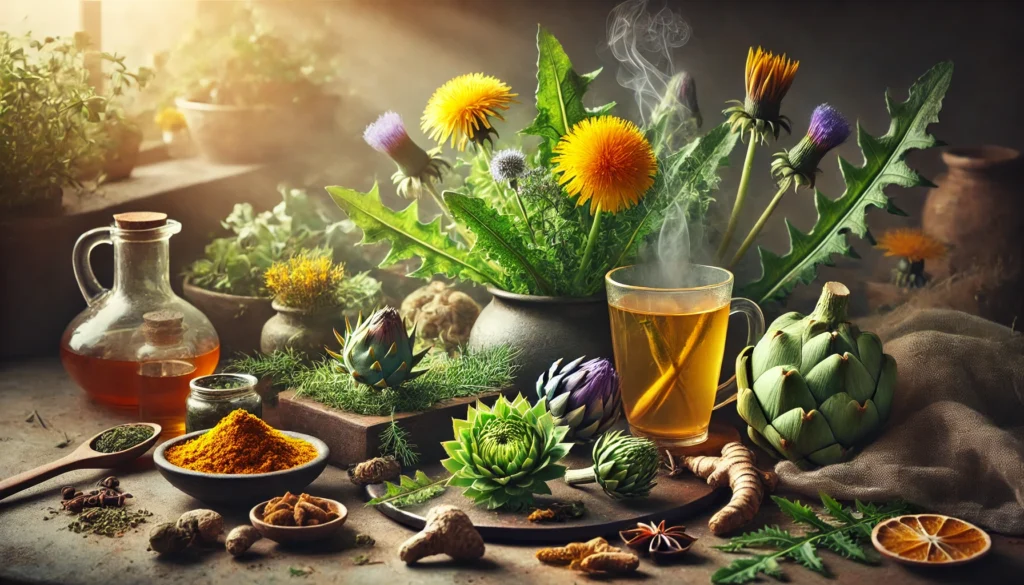 The Best Liver Cleanse Herbal Remedies: How Natural Ingredients Support Detox & Wellness 1 A serene still life of liver detox herbs, including dandelion greens, milk thistle flowers, turmeric roots, and artichokes, arranged in an earthy-toned setting with a steaming glass of herbal tea