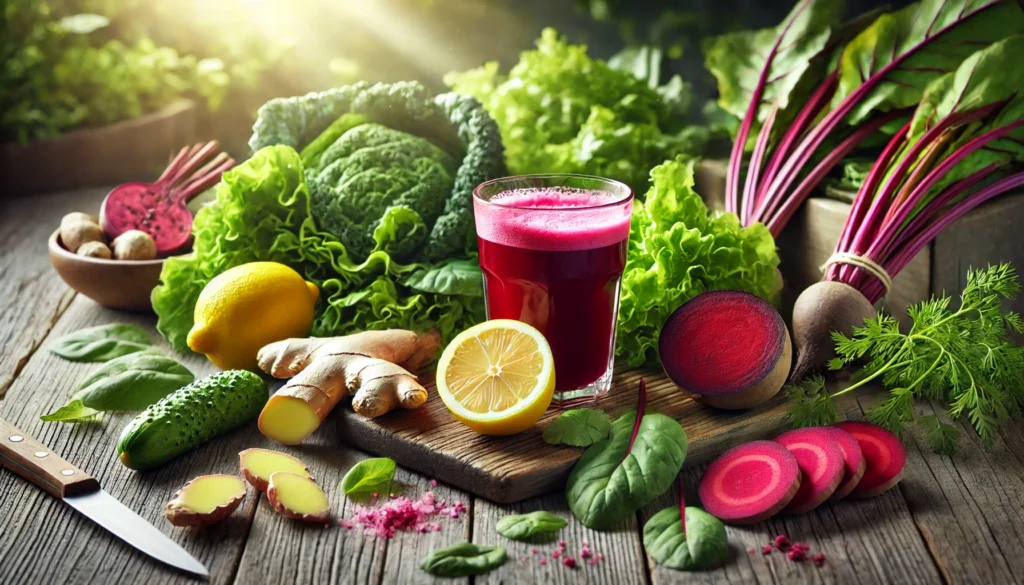 The Best Liver Cleanse Herbal Remedies: How Natural Ingredients Support Detox & Wellness 2 A vibrant composition of fresh ginger, beetroot, lemon, and leafy greens displayed on a rustic wooden table with a glass of detox juice, emphasizing natural wellness