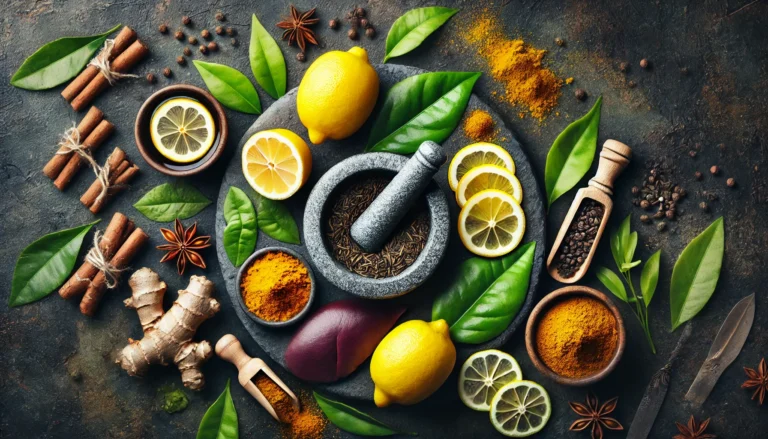 A dark stone background featuring sliced lemons, fresh turmeric, green tea leaves, and a mortar and pestle with crushed herbs, highlighting holistic liver detox ingredients