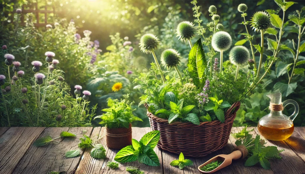 The Best Liver Cleanse Herbal Remedies: How Natural Ingredients Support Detox & Wellness 3 A picturesque herbal garden with fresh milk thistle, dandelion, and peppermint growing in sunlight, alongside a wooden basket filled with freshly harvested detox herbs
