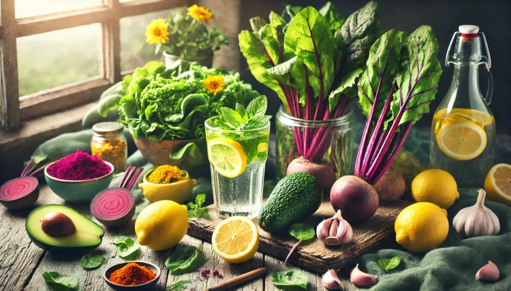 7-Day Liver Detox Diet Plan: A Science-Backed Guide to Supporting Your Body’s Natural Cleansing Process 1 A vibrant spread of detoxifying foods including leafy greens, beets, lemons, turmeric, garlic, and avocados, arranged on a rustic wooden table with a glass of infused detox water, illuminated by soft natural light